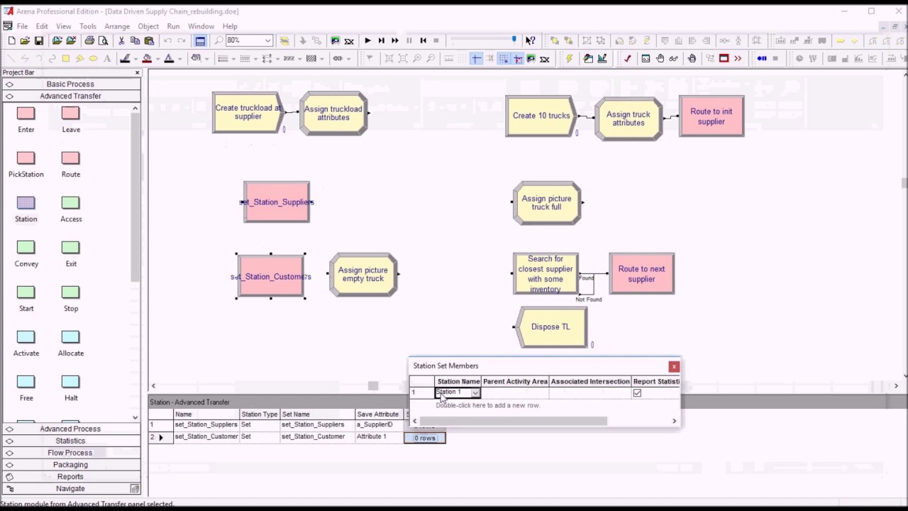 Arena Supply Chain Interface showing flowchart modeling with interconnected modules
