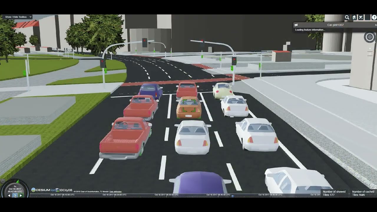 3D simulation showing multi-lane road with multiple vehicles