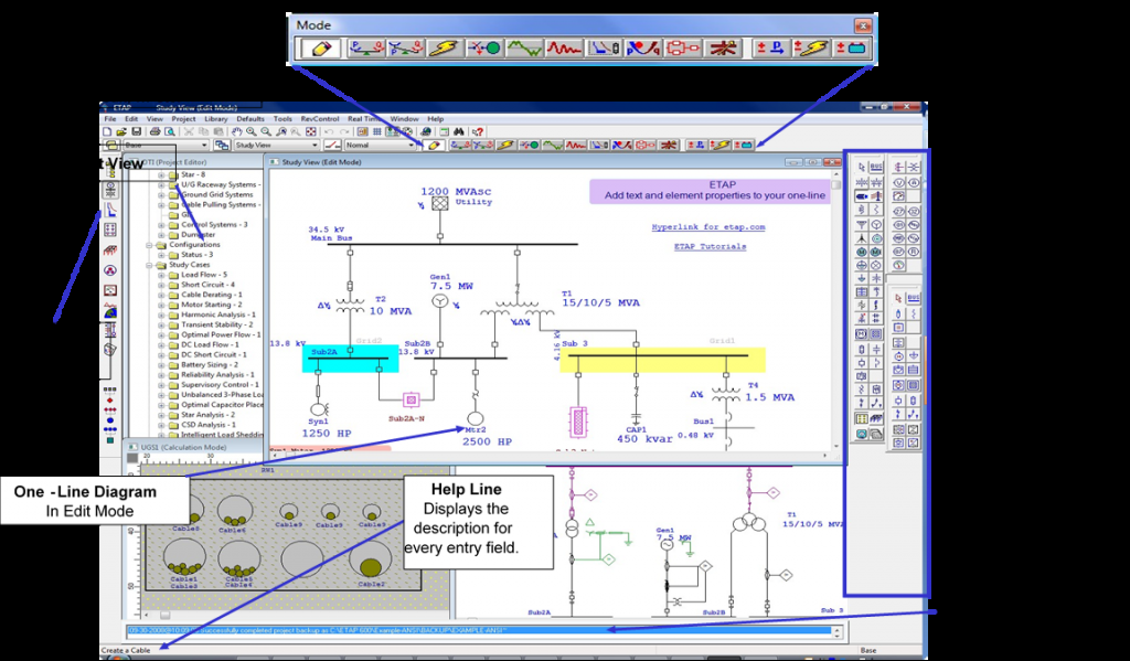 ETAP interface with detailed electrical system diagram showing project management toolbars and editing modes