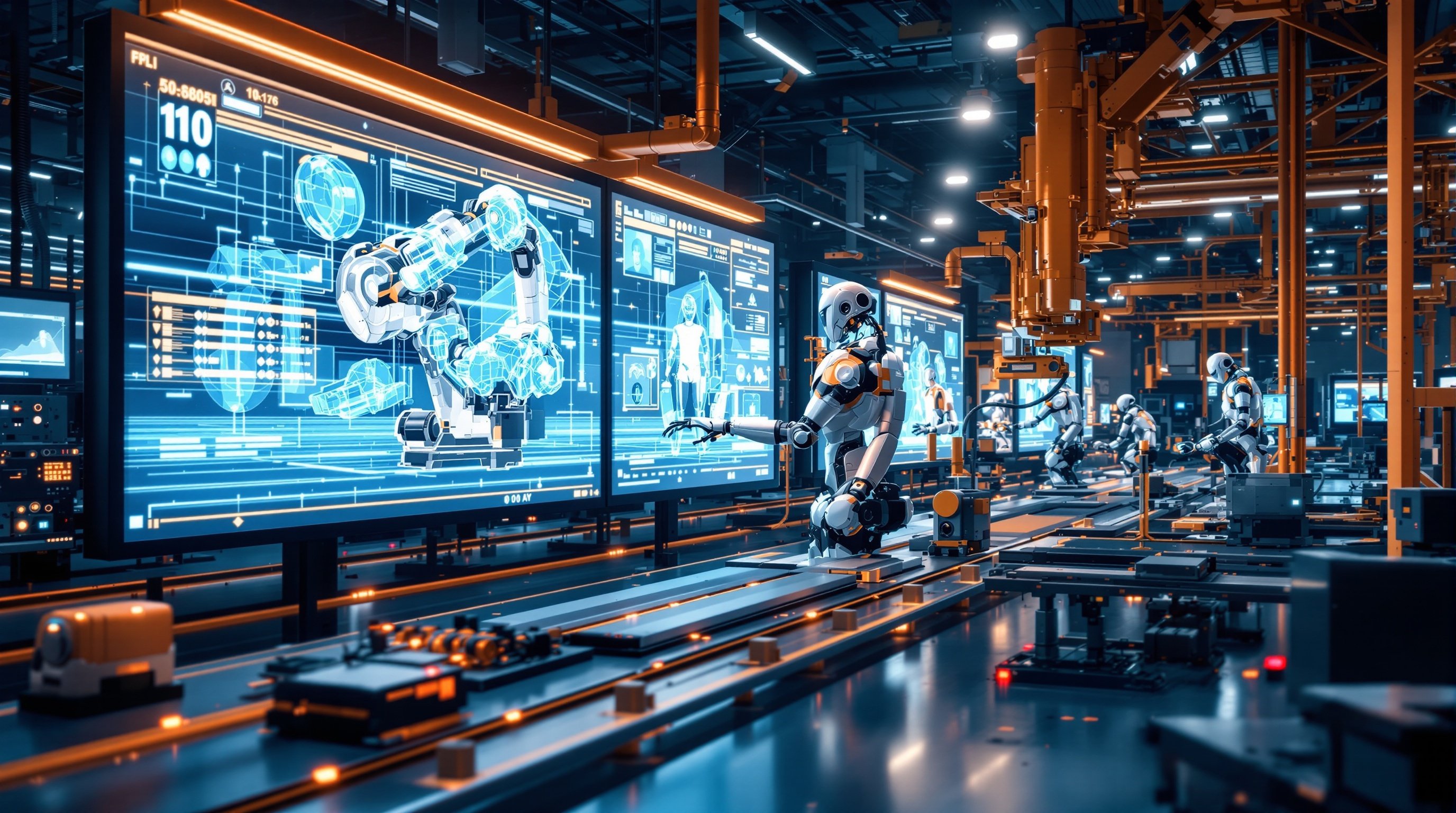 Advanced manufacturing facility with collaborative humanoid robots and digital twin simulations
