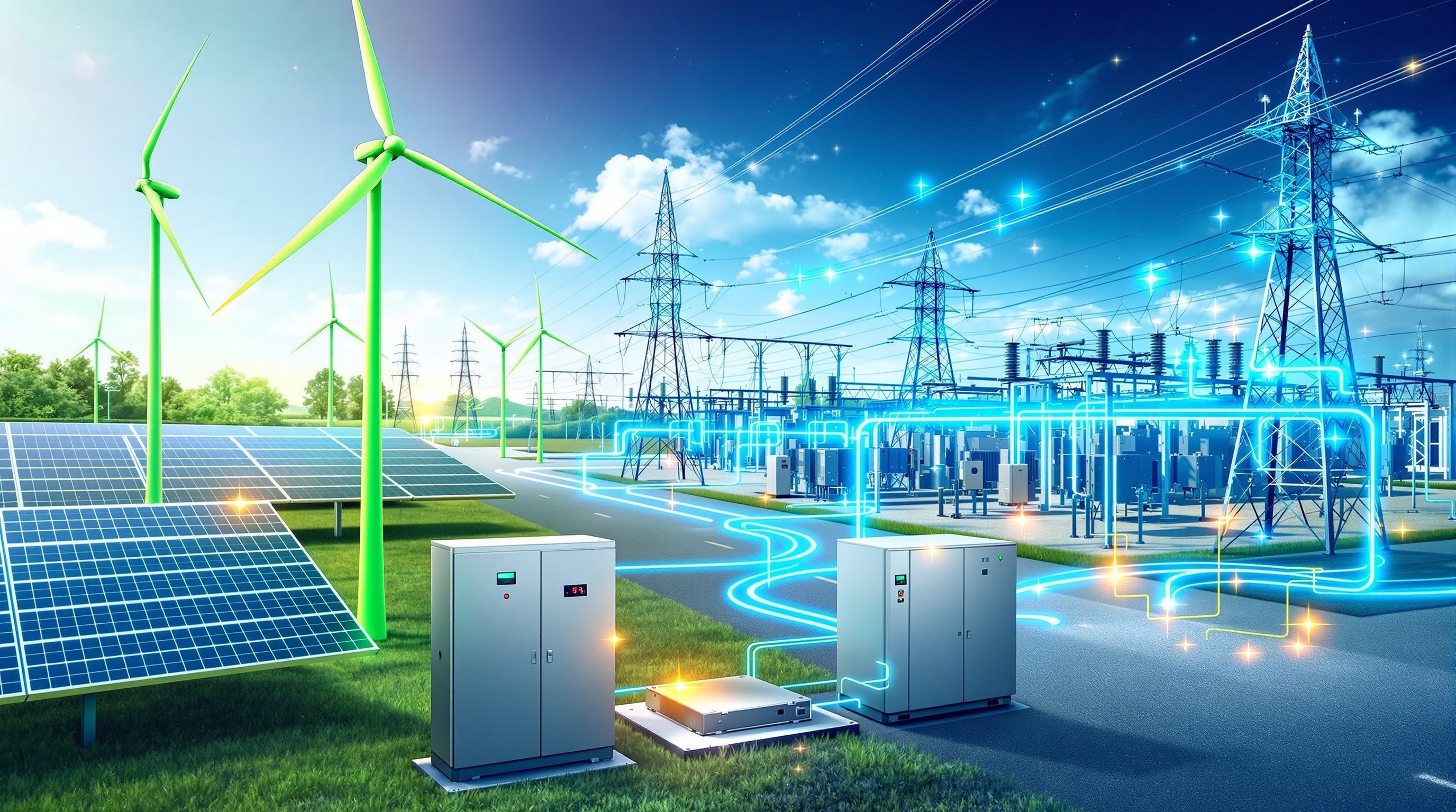 Renewable energy integration with wind turbines, solar panels, and inverter-based resources connected to power grid
