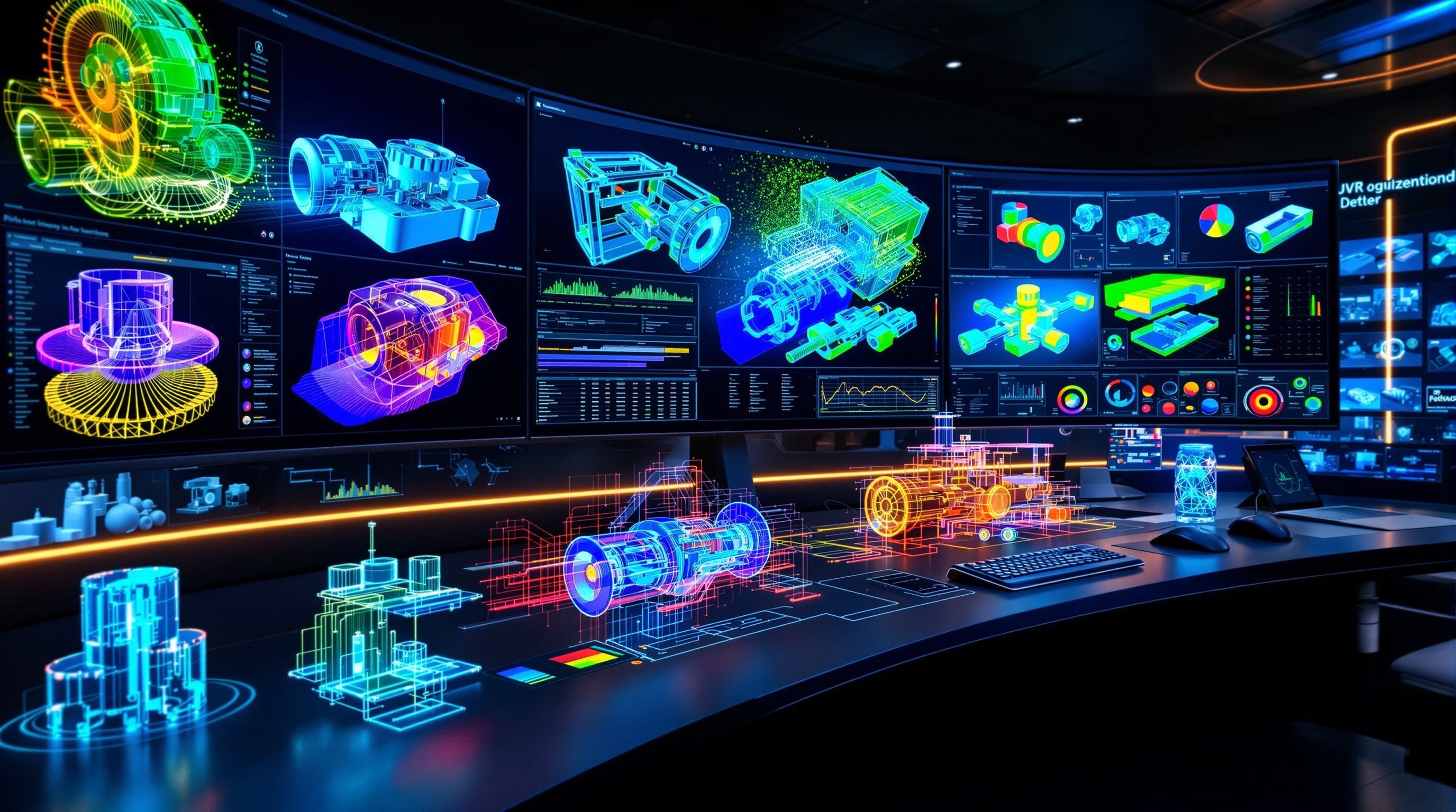 Advanced CAE simulation and digital twin technology visualization showing multiphysics analysis