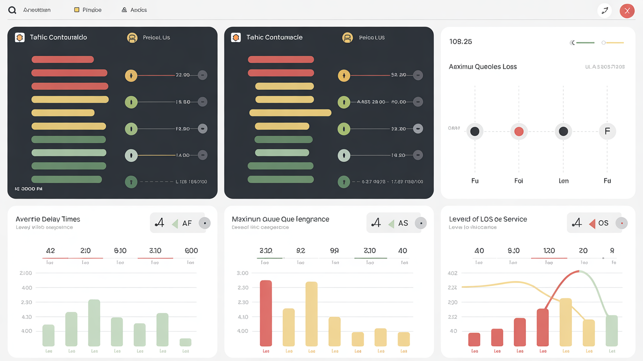 Traffic signal timing dashboard showing performance metrics including delay, queue length, and level of service
