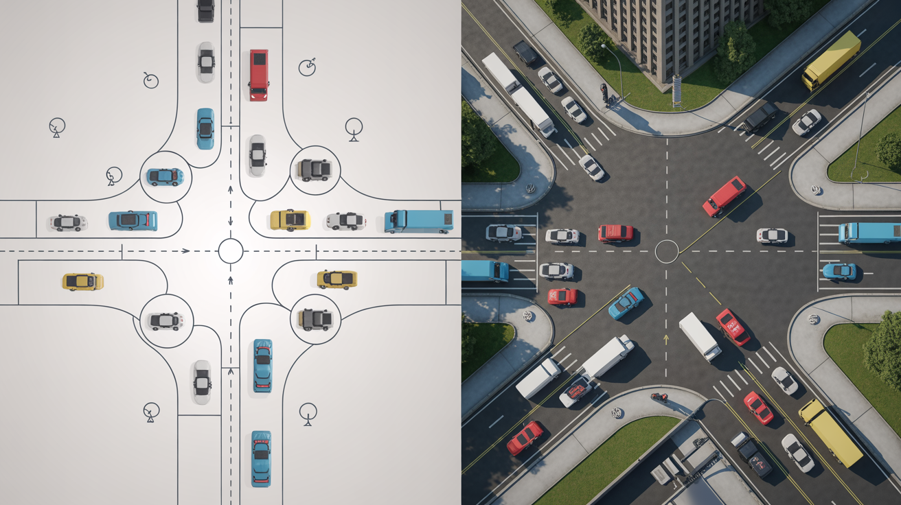 Split-screen view comparing 2D network schematic with 3D visualization of traffic intersection