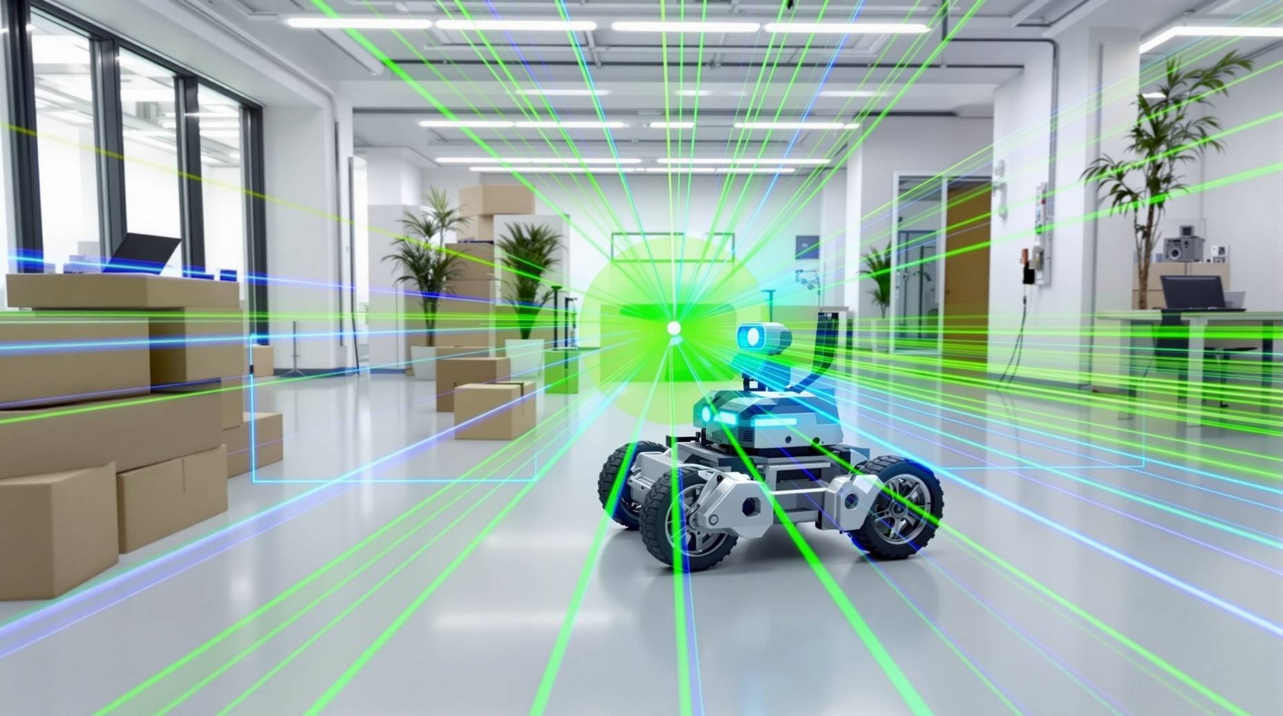 Gazebo robot simulation showing a mobile robot navigating an indoor environment with LIDAR sensors