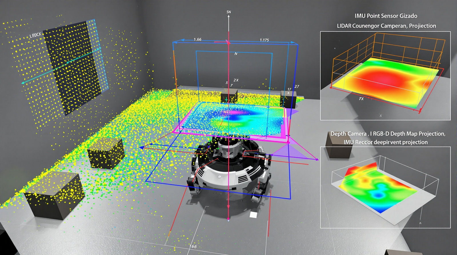 Multiple sensor simulations in Gazebo including LIDAR point clouds and depth camera visualization