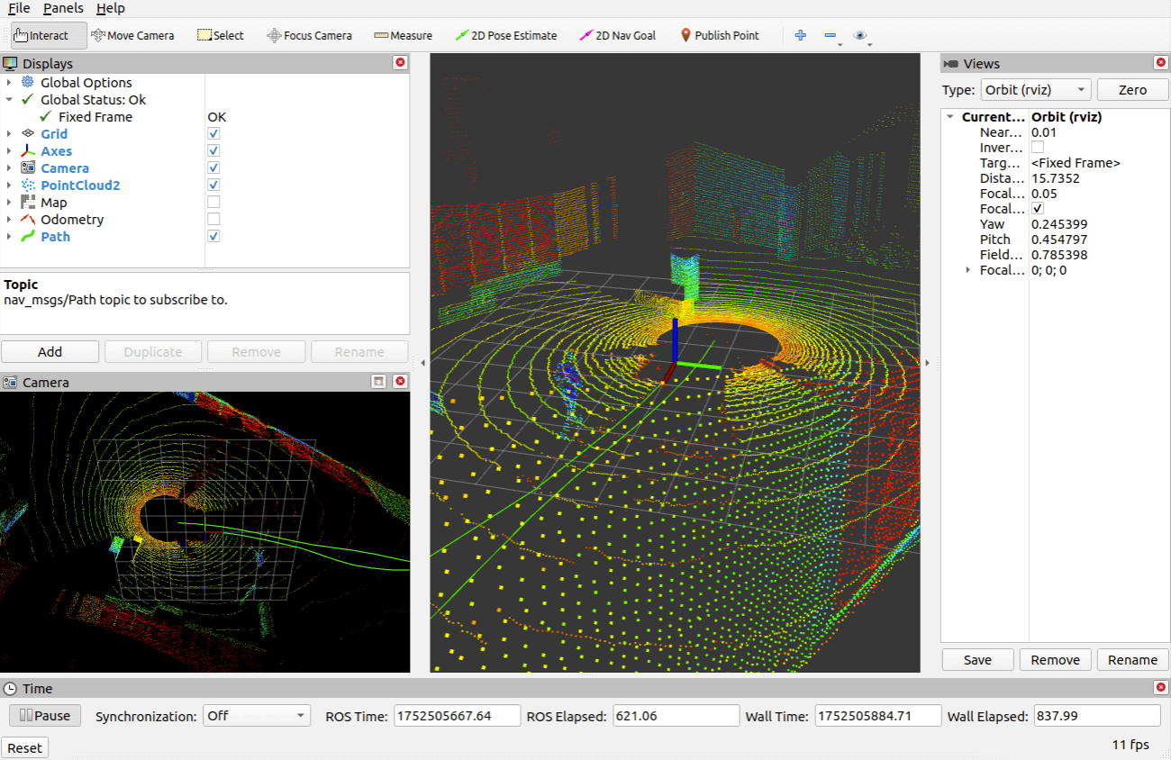 RViz interface showing robot visualization with multiple data displays