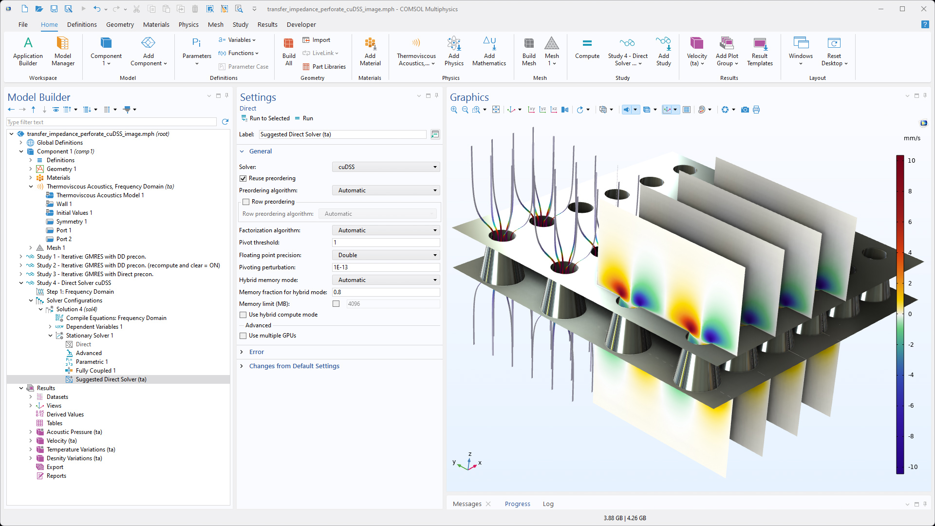 COMSOL Multiphysics 6.4 GPU Direct Sparse Solver (cuDSS) benchmark visualization showing 5x speedup over CPU-based solvers