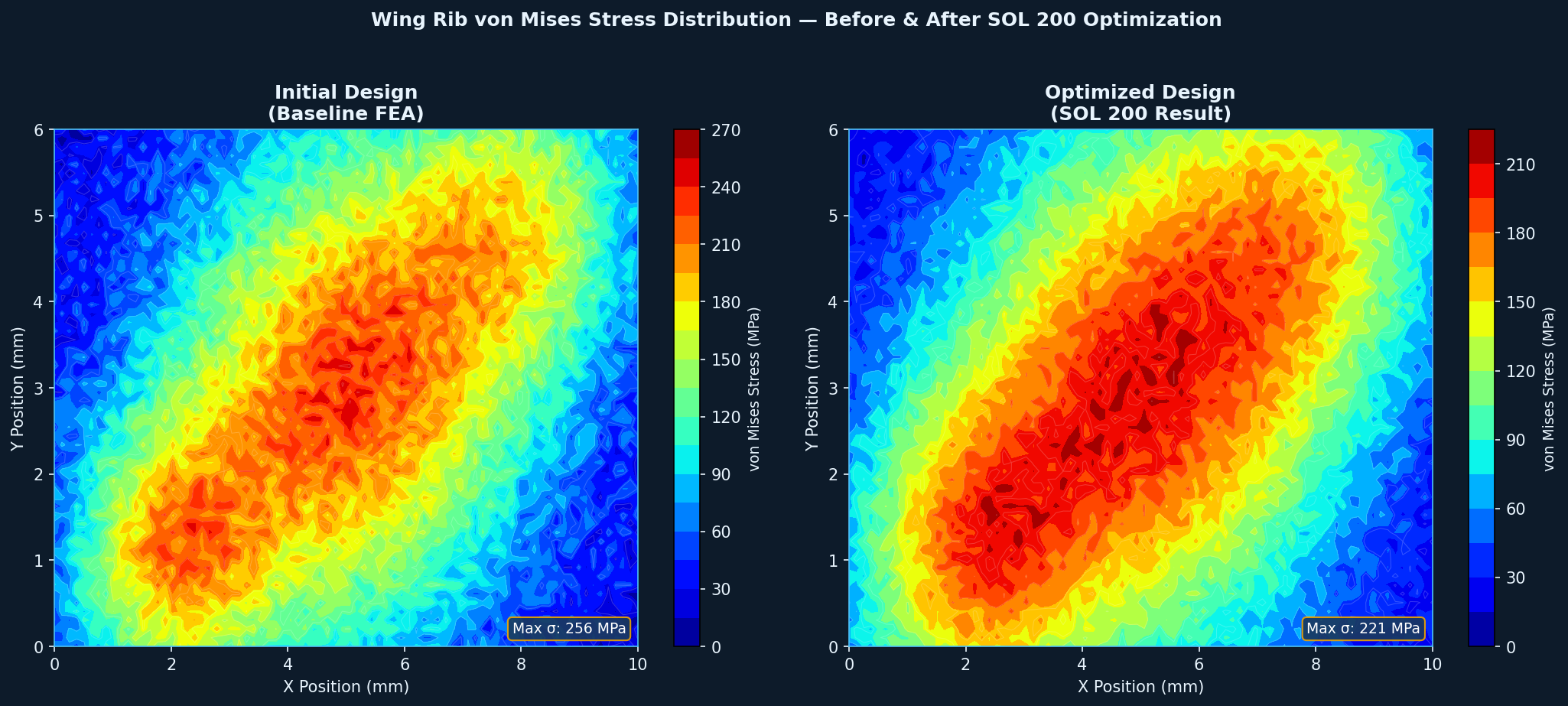 Wing Rib von Mises Stress Distribution Before and After SOL 200 Optimization