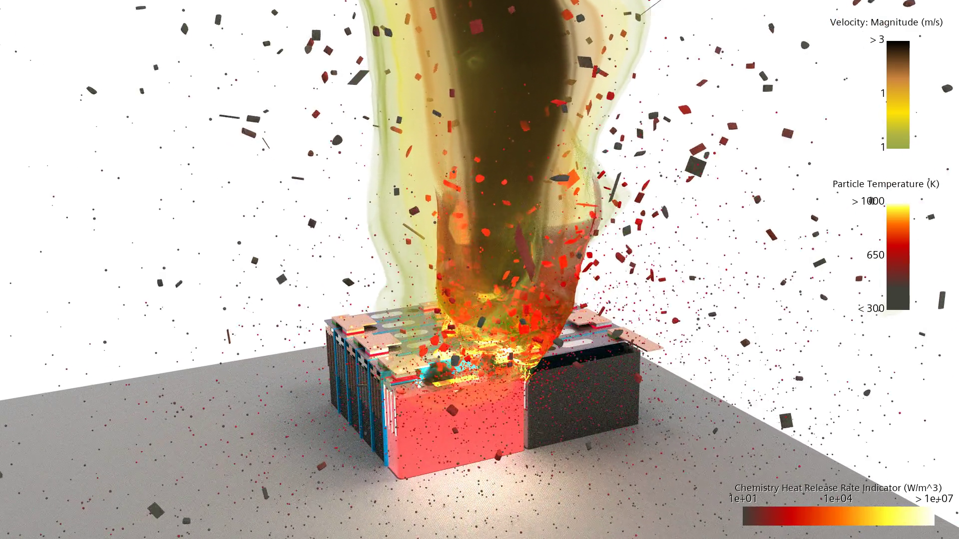 Battery thermal runaway CFD simulation showing heat propagation and fire risk in an EV battery pack