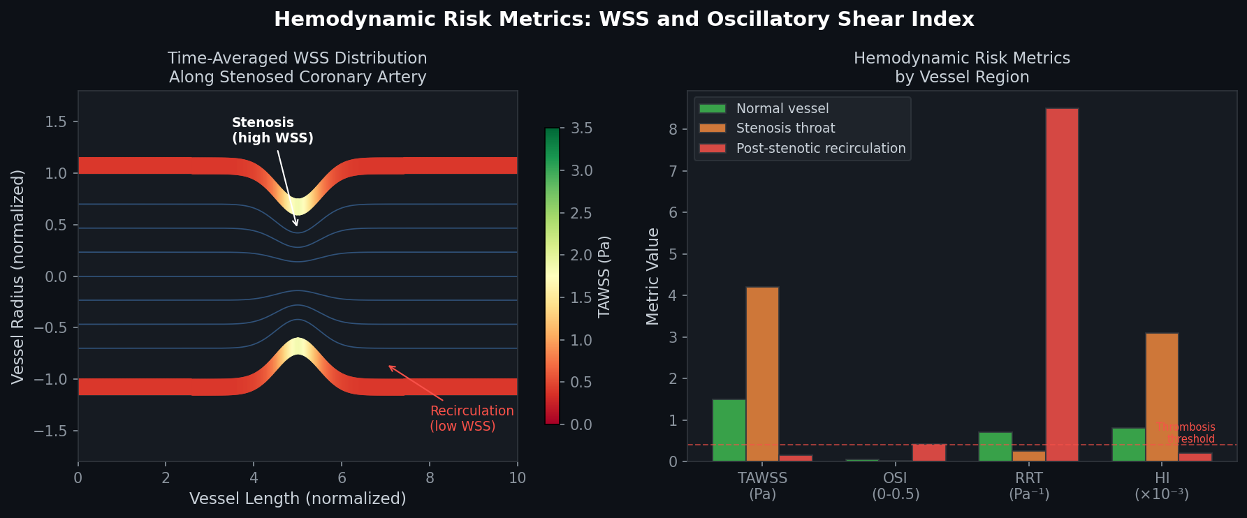 Wall shear stress distribution along a stenosed coronary artery and hemodynamic risk metrics by vessel region