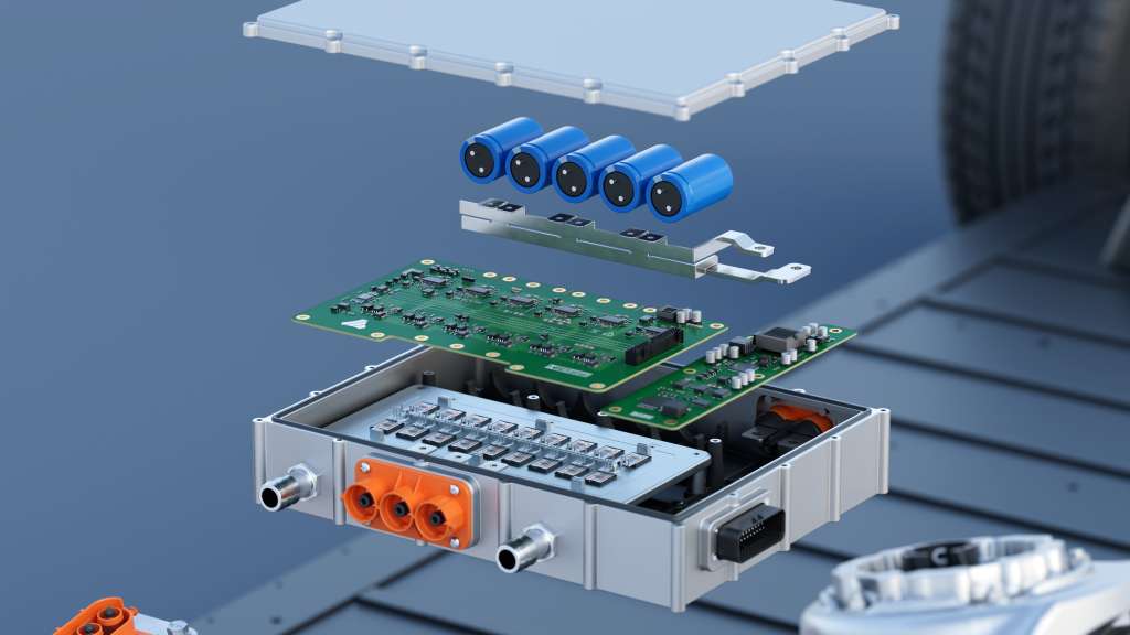 Electric powertrain component exploded view illustrating the multiphysics simulation domains covered by Simcenter — structural, thermal, and electromagnetic