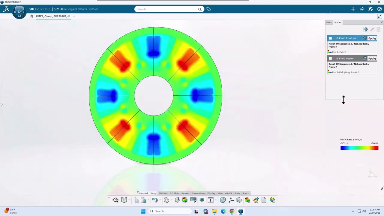 3DEXPERIENCE SIMULIA Physics Results Explorer showing electromagnetic field analysis in R2026x