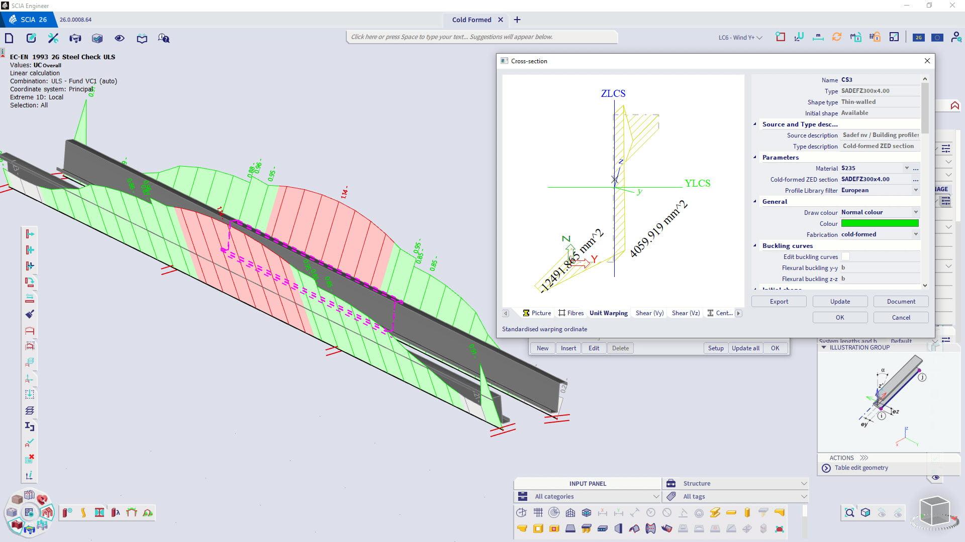 Scia Engineer 2026 — Warping analysis for cold-formed ZED section under Eurocode 2nd generation steel check