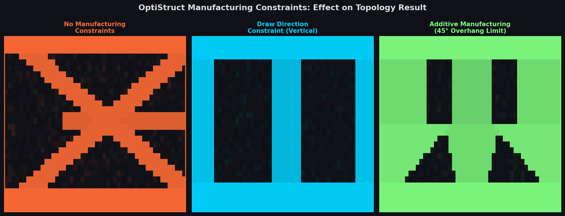 Comparison of topology results with no constraints, draw direction constraint, and additive manufacturing overhang constraint