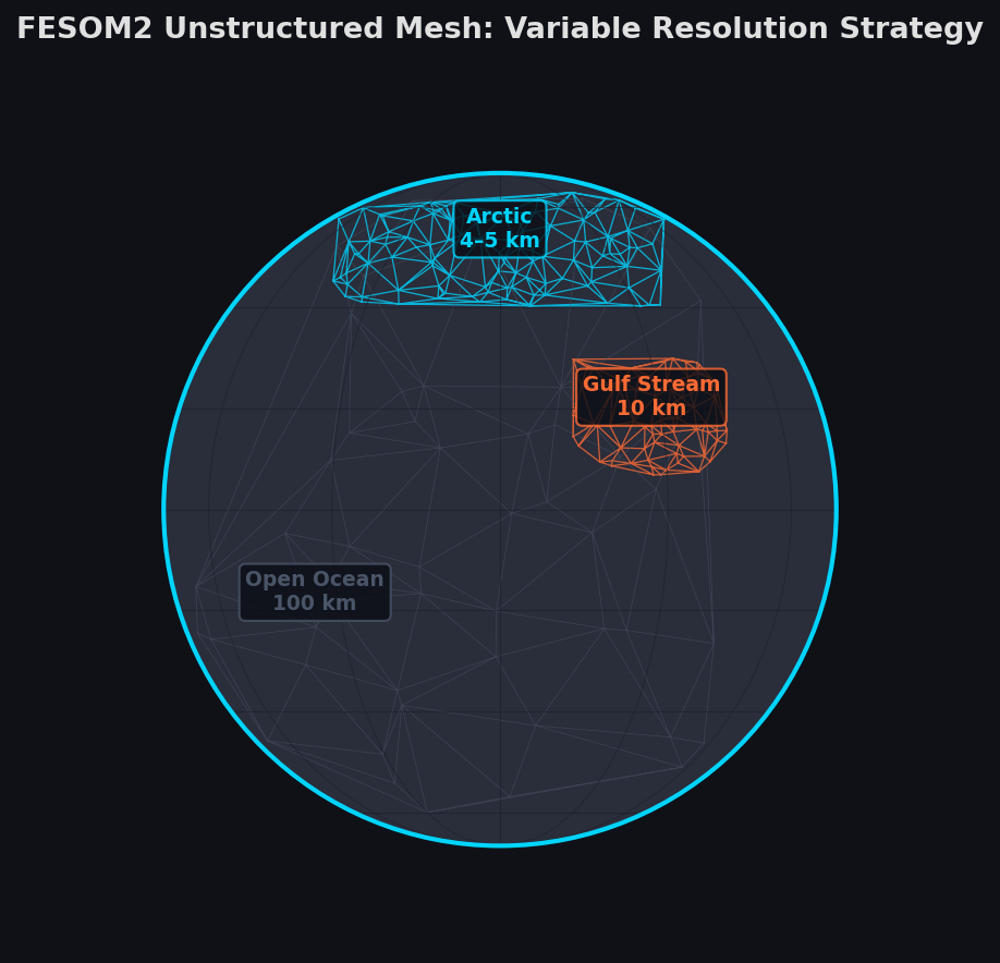 FESOM2 unstructured mesh showing variable resolution zones across the global ocean