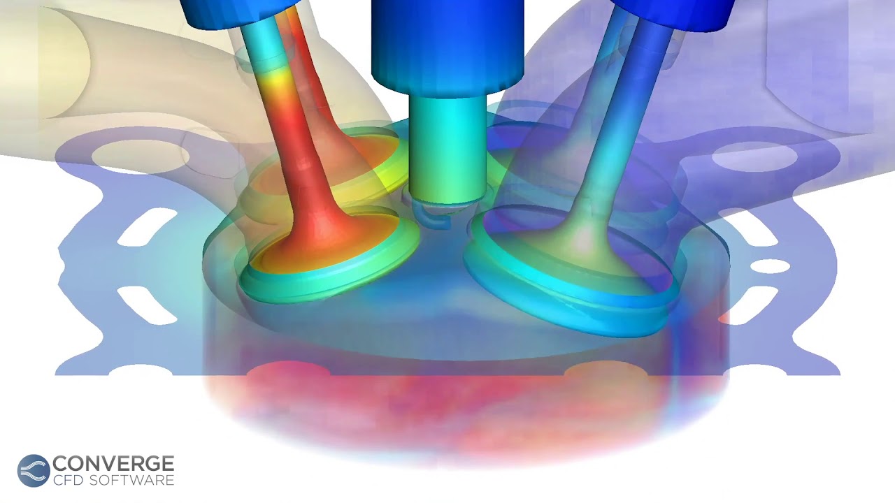 CONVERGE CFD internal combustion engine simulation showing in-cylinder flow and combustion