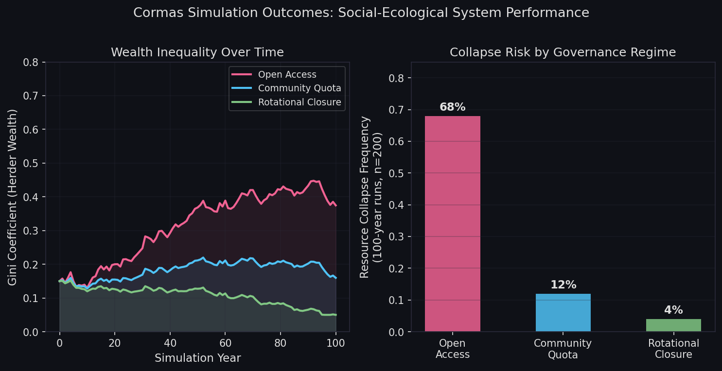 Cormas simulation outcomes: wealth inequality (Gini coefficient) and resource collapse frequency by governance regime