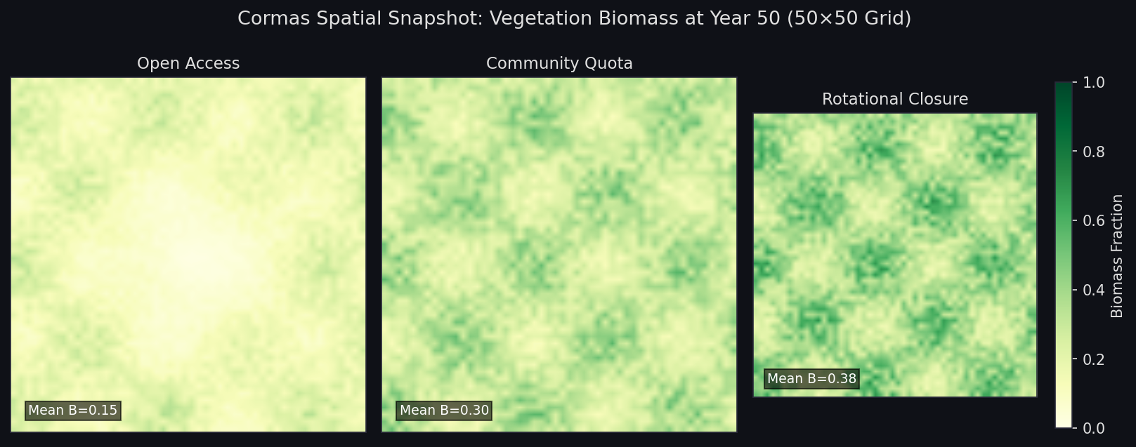 Cormas spatial snapshot of vegetation biomass at year 50 under open access, community quota, and rotational closure