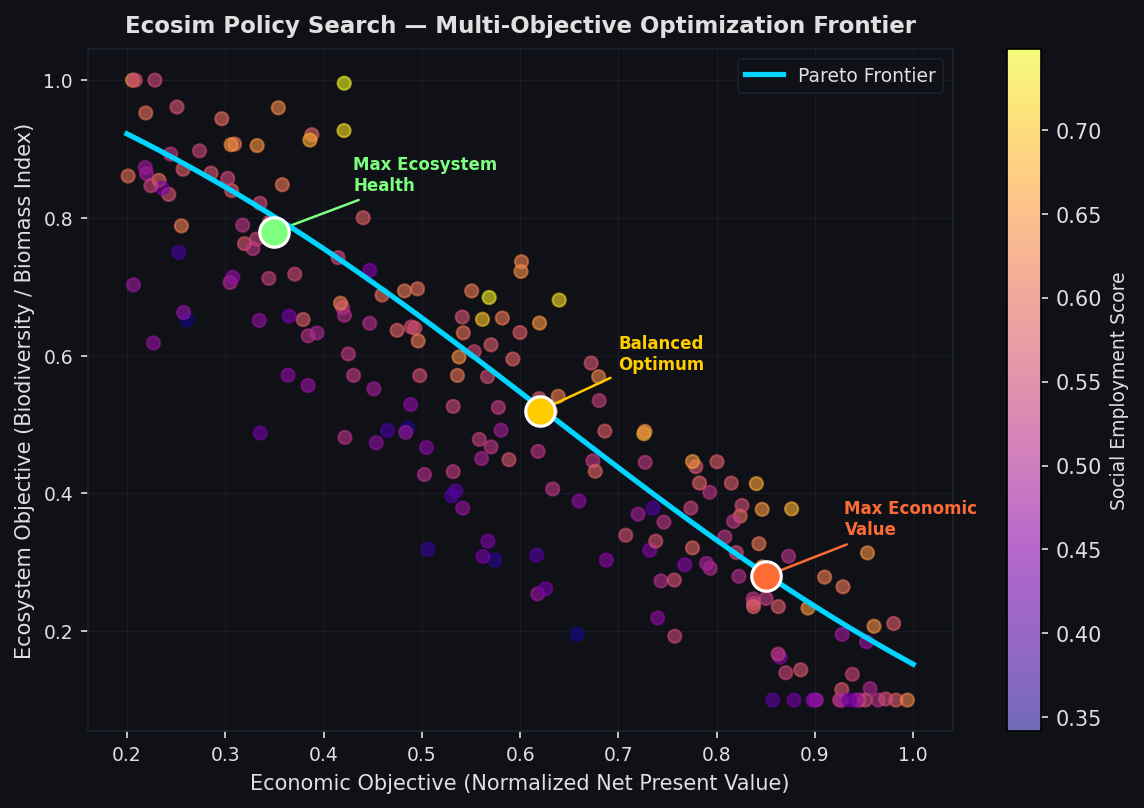 Ecosim Policy Search multi-objective optimization frontier balancing economic and ecosystem objectives