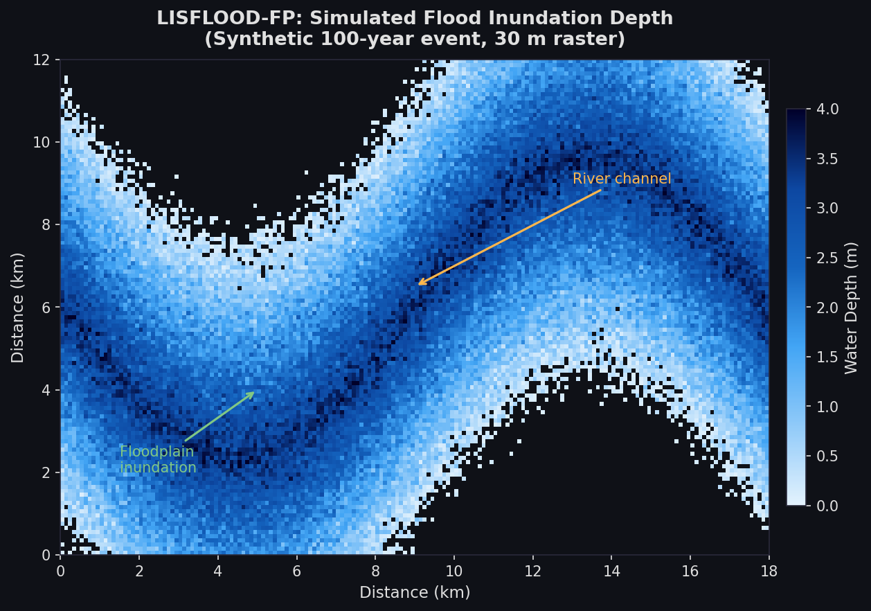 Synthetic LISFLOOD-FP flood inundation depth map for a 100-year event on a 30 m raster