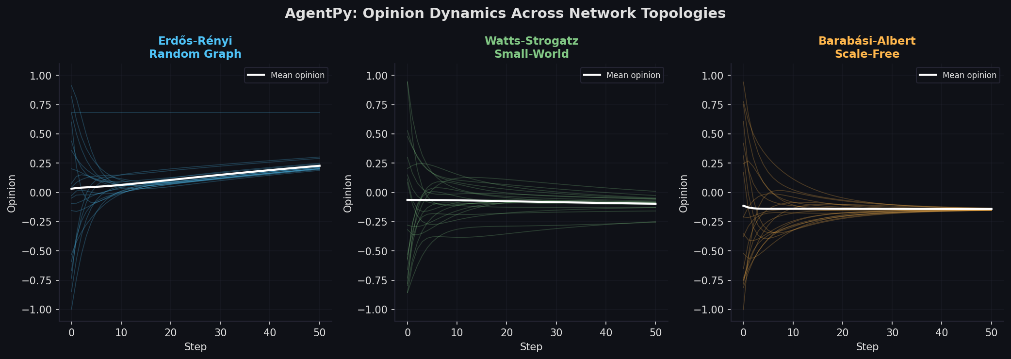 Opinion dynamics trajectories across Erdős-Rényi, Watts-Strogatz, and Barabási-Albert network topologies